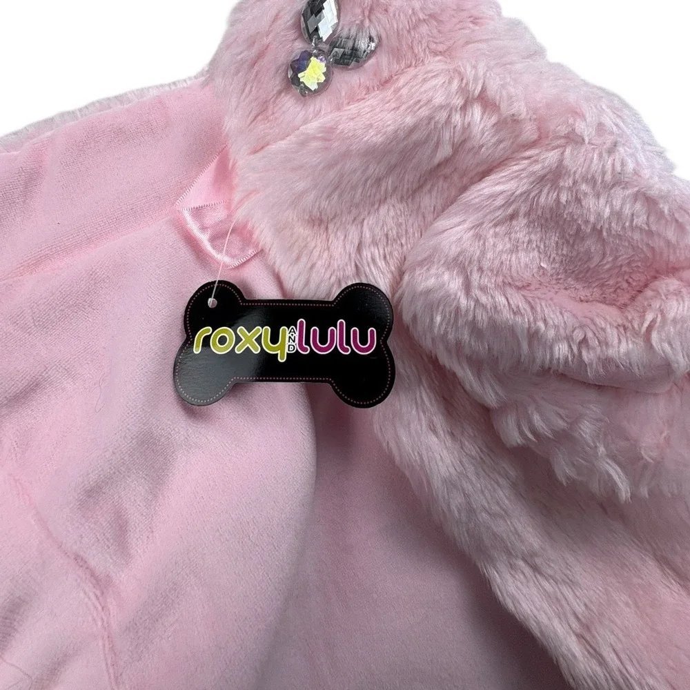 Roxy & Lulu Pink Plush Dog Coat Faux Fur Hood Rhinestone Trim NWT‎
